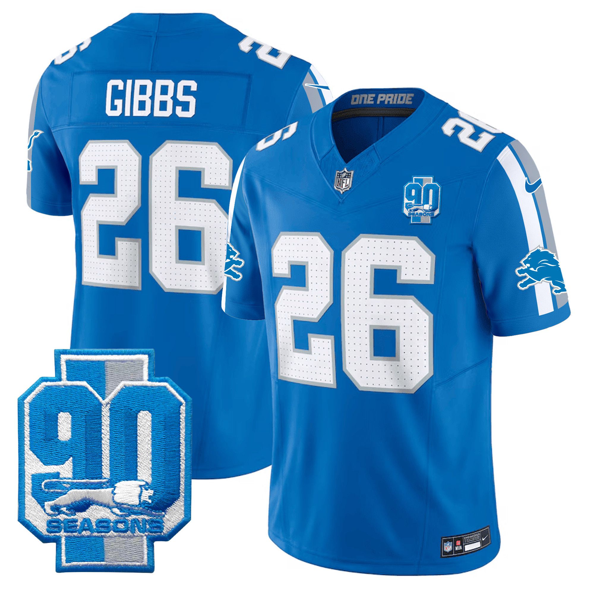Men Detroit Lions 26 Gibbs Blue 2024 Nike 90th Year Patch Vapor Limited NFL Jersey